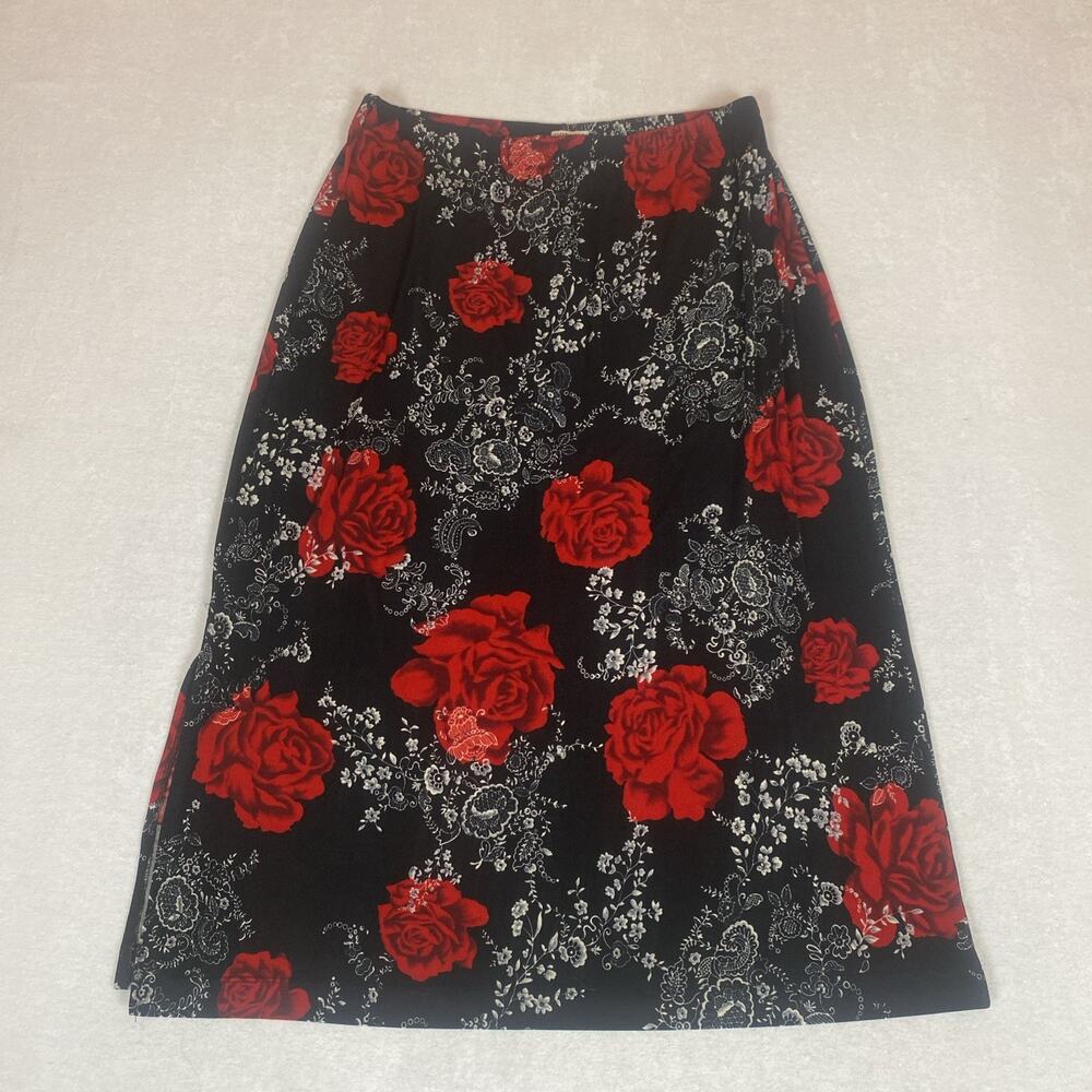 Notations Woman 1X Black Red Rose Dark Floral Midi Skirt Stretch Waist Romantic